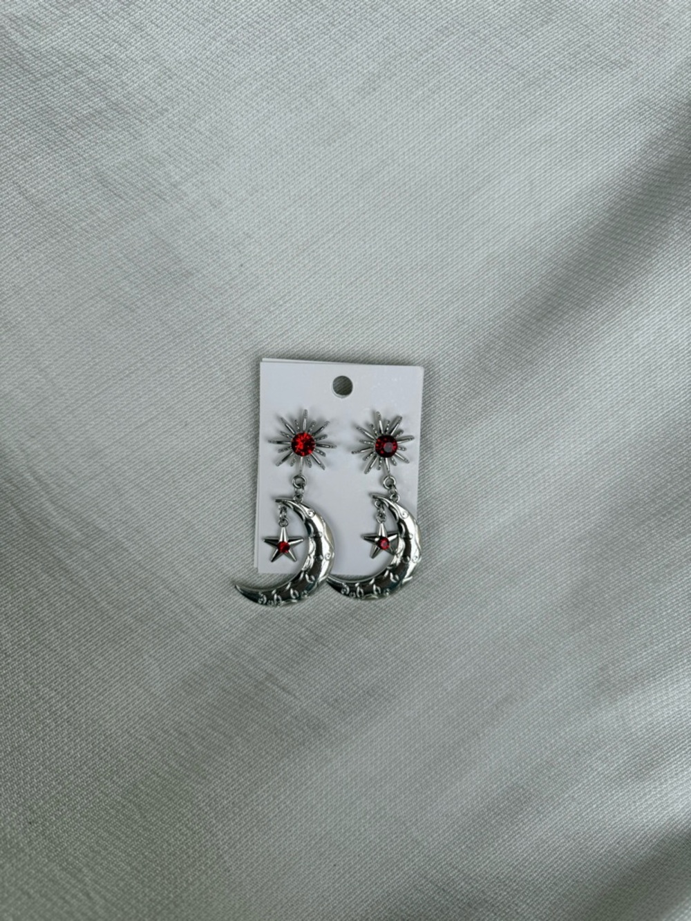 Silver Crescent Moon & Star Drop Earrings with Red Gem Accents - Picture 4 of 4